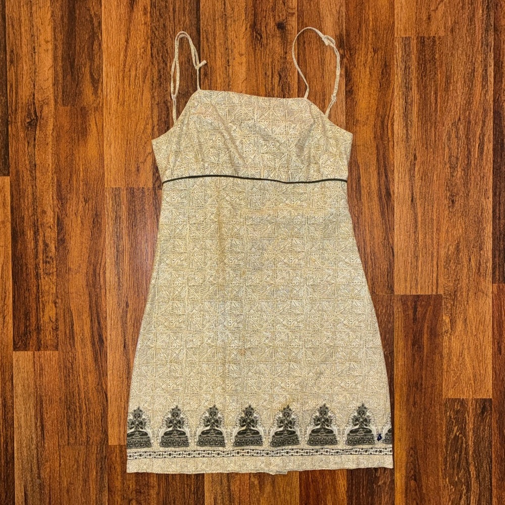 O'Neill Womens Buddha Print Empire Waist Mini Dress Tan Green Size M
